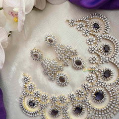 Vriksham Purple Bloom Scalloped American Diamond With Floral Drop Short Neckpiece-G21567