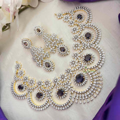 Vriksham Purple Bloom Scalloped American Diamond With Floral Drop Short Neckpiece-G21567