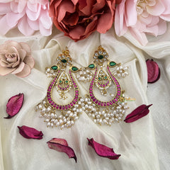 Vriksham Unique Dual Peacock Earring-Red Green & White-Rice Pearls-J3184