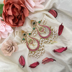 Vriksham Unique Dual Peacock Earring-Red Green & White-Rice Pearls-J3184