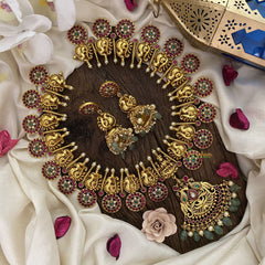 Vriksham Kundan Jadau Coin Style Dual Peacock With Lakshmi Neckpiece-Pastel Green Beads-J2894