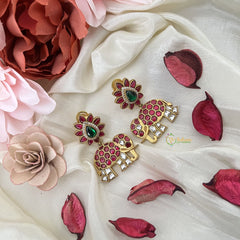 Vriksham Antique Elephant Earring-Red Green-J3186