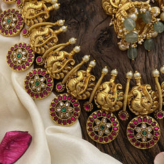 Vriksham Kundan Jadau Coin Style Dual Peacock With Lakshmi Neckpiece-Pastel Green Beads-J2894