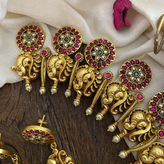 Vriksham Kundan Jadau Coin Style Dual Peacock With Lakshmi Neckpiece-Pastel Green Beads-J2894