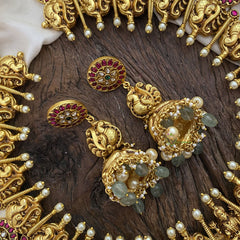 Vriksham Kundan Jadau Coin Style Dual Peacock With Lakshmi Neckpiece-Pastel Green Beads-J2894