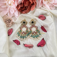 Vriksham Dual Peacock Chandbali Earring-Red Green & White-Pearls-Pastel Green Beads-J3178