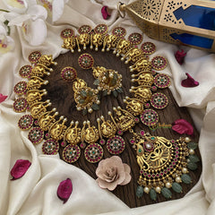 Vriksham Kundan Jadau Coin Style Dual Peacock With Lakshmi Neckpiece-Pastel Green Beads-J2894