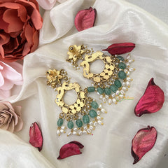 Vriksham Dual Peacock Chandbali Earring-Red Green & White-Pearls-Pastel Green Beads-J3178