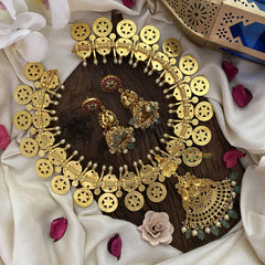 Vriksham Kundan Jadau Coin Style Dual Peacock With Lakshmi Neckpiece-Pastel Green Beads-J2894