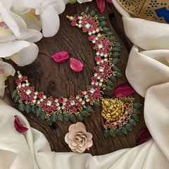 Vriksham Antique Lakshmi Pendant Kundan Jadau Neckpiece-Pastel Green Bead-J2900