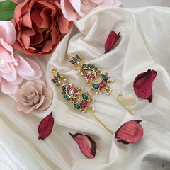 Vriksham Designer Lotus With Peacock Bugadi Style Earring-Red Green & White-Pearls-J3168