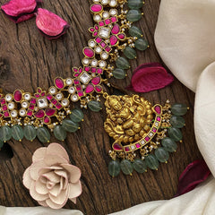 Vriksham Antique Lakshmi Pendant Kundan Jadau Neckpiece-Pastel Green Bead-J2900