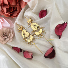 Vriksham Designer Lotus With Peacock Bugadi Style Earring-Red Green & White-Pearls-J3168