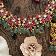 Vriksham Antique Lakshmi Pendant Kundan Jadau Neckpiece-Pastel Green Bead-J2900