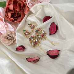 Vriksham Lotus Bugadi Style Earring-Red Green & White-Pearls-J3172