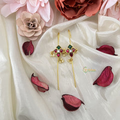 Vriksham Floral Shape Bugadi Style Earring-Red Green & White-Pearls-J3169