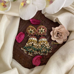 Vriksham Antique Floral Jadau Kundan Jhumka-Pastel Green Pearl-J2835