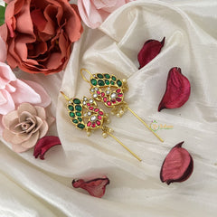 Vriksham Peacock Shape Bugadi Style Earring-Red Green & White-Pearls-J3167