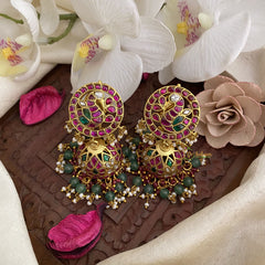 Vriksham Unique Peacock Jadau Kundan Jhumka-Pastel Green Pearl-J2836