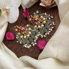 Vriksham Elegant Floral Jadau Kundan Jhumka-Pastel Green & Off White Beads-Rice Pearls-J2848