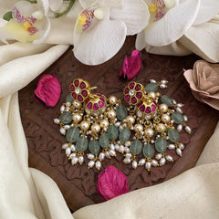 Vriksham Elegant Floral Jadau Kundan Jhumka-Pastel Green & Off White Beads-Rice Pearls-J2848