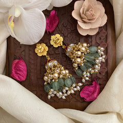 Vriksham Elegant Floral Jadau Kundan Jhumka-Pastel Green & Off White Beads-Rice Pearls-J2848