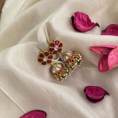 Vriksham Elegant Floral Jadau Kundan Jhumka-Pastel Green & White Pearls-J2846