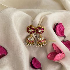 Vriksham Elegant Floral Jadau Kundan Jhumka-Pastel Green & White Pearls-J2846