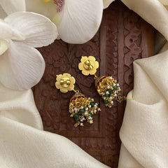 Vriksham Elegant Floral Jadau Kundan Jhumka-Pastel Green & White Pearls-J2846