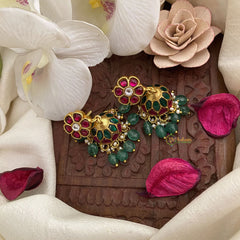 Vriksham Elegant Floral Jadau Kundan Jhumka-Pastel Green Beads-J2847