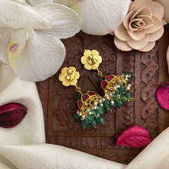 Vriksham Elegant Floral Jadau Kundan Jhumka-Pastel Green Beads-J2847