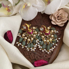 Vriksham Elegant Jadau Kundan Jhumka-Off White & Pastel Green Bead-Rice Pearl-J2844