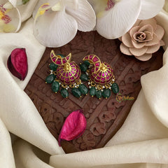 Vriksham Half Moon Style Jadau Kundan Jhumka-Green Bead-J2838