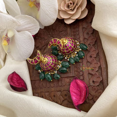 Vriksham Half Moon Style Jadau Kundan Jhumka-Green Bead-J2838