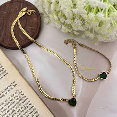 Vriksham Combo Stylish Gold Plated Green Heart Anti Tarnish Necklace Chain & Bracelet-G20966