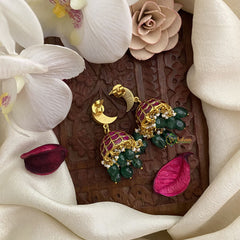 Vriksham Half Moon Style Jadau Kundan Jhumka-Green Bead-J2838