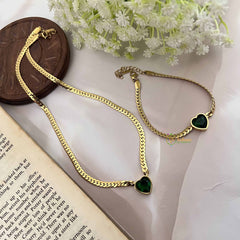 Vriksham Combo Stylish Gold Plated Green Heart Anti Tarnish Necklace Chain & Bracelet-G20966