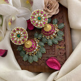 Vriksham Exquisite Kundan Jadau Jhumka-Pastel Green Beads-J2855