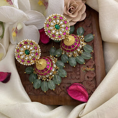 Vriksham Exquisite Kundan Jadau Jhumka-Pastel Green Beads-J2855