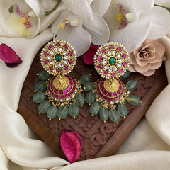 Vriksham Exquisite Kundan Jadau Jhumka-Pastel Green Beads-J2855