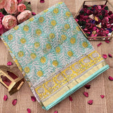 Vriksham Mint & Yellow Floral Print Hand block Kota Cotton Saree-VS4928