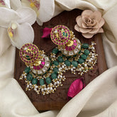 Vriksham Exclusive Jadau Kundan Jhumka-Pastel Green Bead-Rice Pearl-J2839