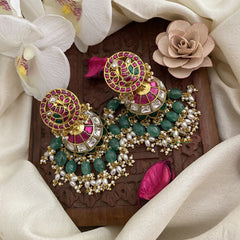 Vriksham Exclusive Jadau Kundan Jhumka-Pastel Green Bead-Rice Pearl-J2839