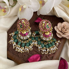 Vriksham Exclusive Jadau Kundan Jhumka-Pastel Green Bead-Rice Pearl-J2839