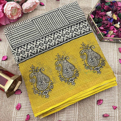 Vriksham Daisy Strips Yellow & White Printed Kota Cotton Saree-VS4917