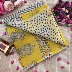 Vriksham Daisy Strips Yellow & White Printed Kota Cotton Saree-VS4917