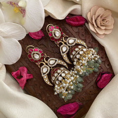 Vriksham Exquisite Dual Peacock Kundan Jadau Jhumka-White Pearl-Pastel Green Beads-J2890