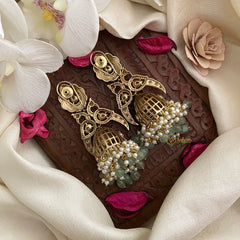 Vriksham Exquisite Dual Peacock Kundan Jadau Jhumka-White Pearl-Pastel Green Beads-J2890