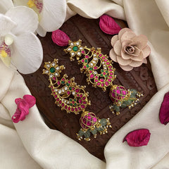 Vriksham Red, Green & White Stone Kundan Jadau Cuff Jhumka-Pastel Green Beads-J2893