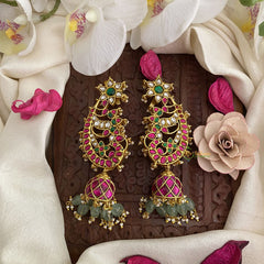 Vriksham Red, Green & White Stone Kundan Jadau Cuff Jhumka-Pastel Green Beads-J2893